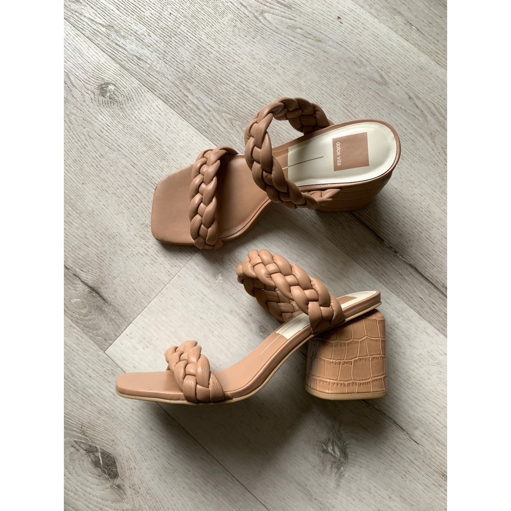 Dolce Vita Paily Braided Block Heel Slide Sandals Tan Square‎ Toe Croc Heel sz 8